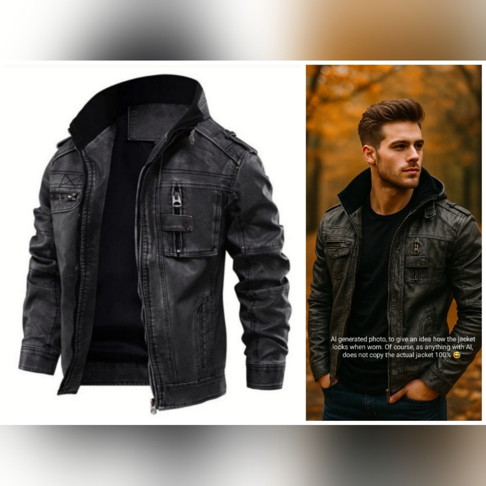 NWOT Men's Premium Crafted PU Leather Dark Gray Jacket Trendy Stylish